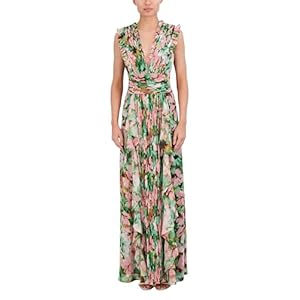 BCBGMAXAZRIA Women’s Sleeveless V Neck Pleated Ruffle Maxi Gown