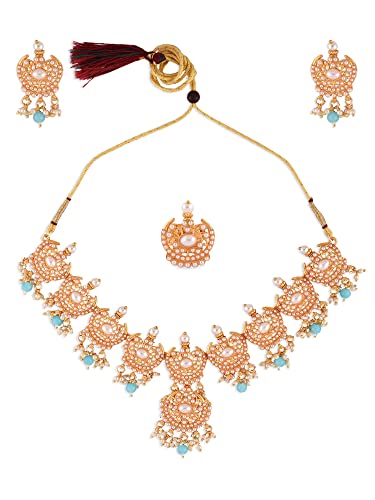 Image of ZAVERI PEARLS Blue Beads Drop Ethnic Pearls Studded Necklace Earring & Ring Set For Women-ZPFK13649