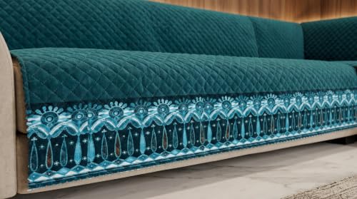 Image of KINGLY L-Shape Sofa Cover 6 Seater 3+3 Velvet Full Cover - Teal Blue | Fully covered quilted velvet slipcover, washable anti-slip furniture protector, L-type corner sofa cover for living room