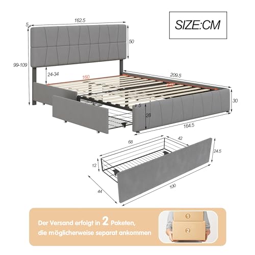 LLODERY Polsterbett 160x200 mit 4 Schubladen, Jugendbett mit höhenverstellbarem Kopfteil, Doppelbett mit Stauraum, boxspringbett mit lattenrost, Metallrahmen und Lattenrost aus Holz, Samt, Grau – Bild 3
