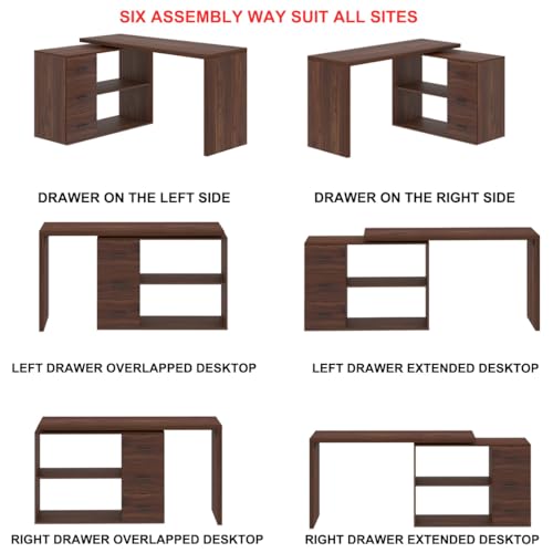 Image of HSH Walnut L Shaped Desk Corner Desk with 3 Storage Drawers 55 inch