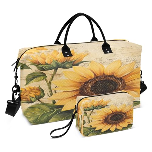 Retro Sunflower Travel Duffel Bag Large Capacity Weekender Bag with Toiletry Bag Detachable Shoulder Strap Travel Tote Bag for Women