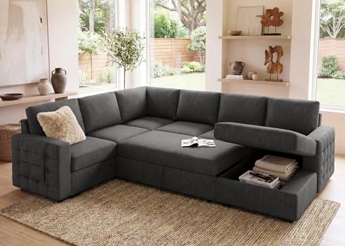 Image of HONBAY Sectional Couch with Pull Out Bed, U-Shaped Sectional Sleeper Sofa with Storage, 6 Seater Sectional Sofa Bed, Mid-Grey