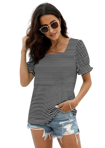 Image of WIHOLL Tops for Women Summer Casual Ruffle Trim Sleeve Square Neck T Shirts