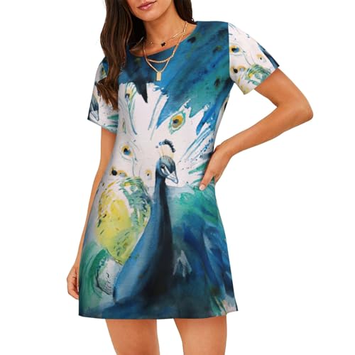 Chemise de nuit à imprimé paon femme ample manches courtes