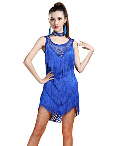 ZX Women s V Back Rhinestone Deco Fringe Dance Party Dress Latin Ballroom Dress, Royal Blue, Medium