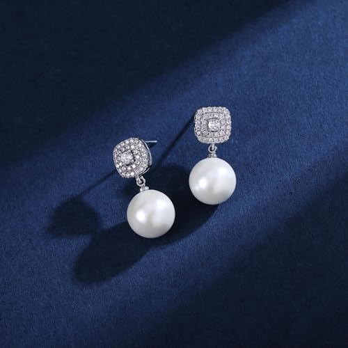 Womens Shell Pearl Earrings White Sterling Silver Dangling Drop with Velvet Gift Box3