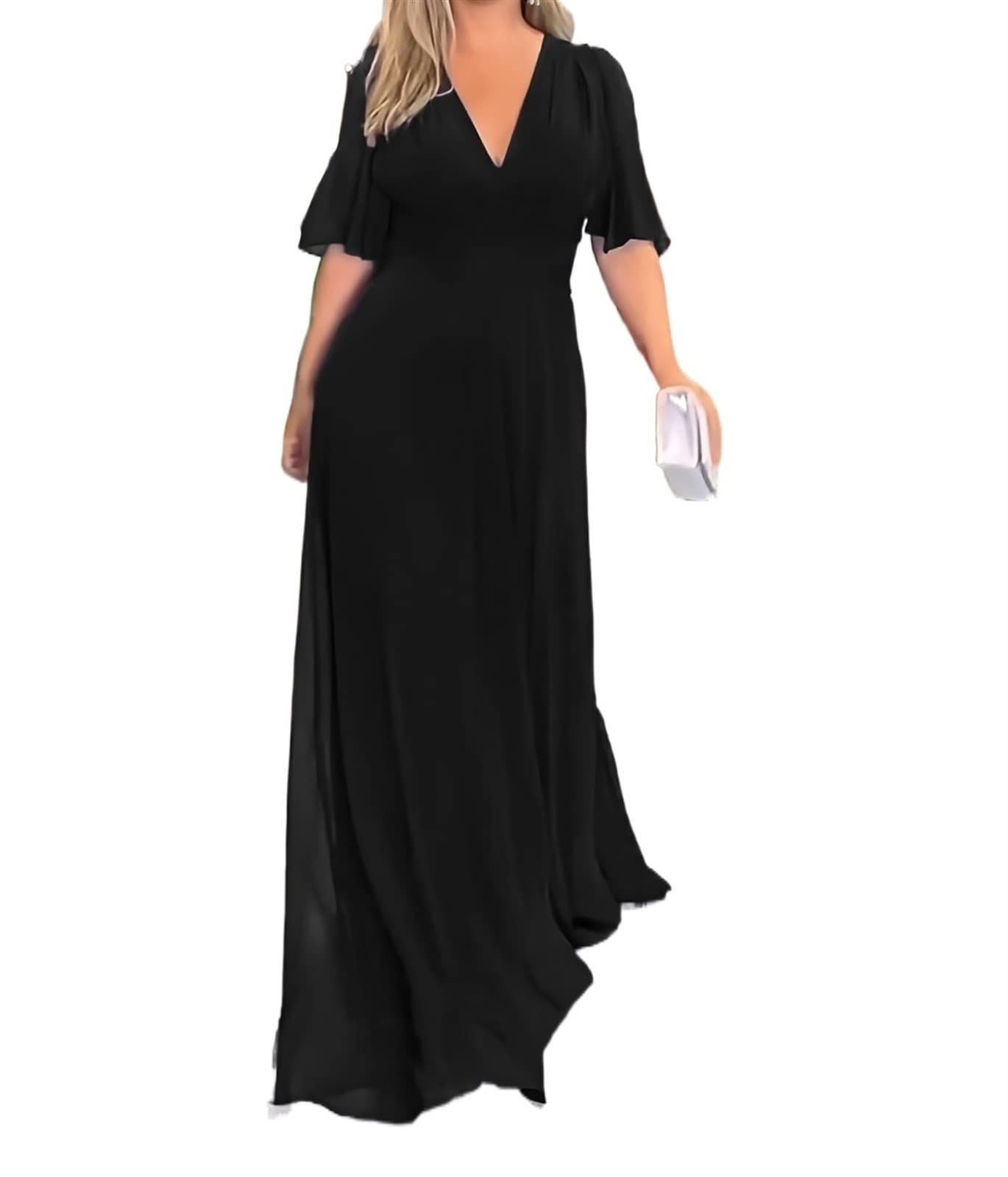 OMUCIDresses For Women V Neck Flutter Sleeve Bridesmaid Dresses For Wedding A Line Long Chiffon Formal Party Dress (Color : A003, Size : Small)