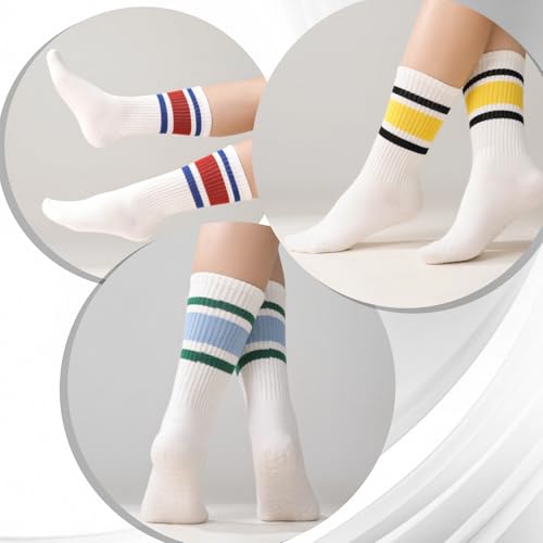 Jspupifip 6 Pairs Pilates Socks for Women, Non-Slip Yoga Striped Retro Crew Socks for Athletic Barre Barefoot Workout Hospital4