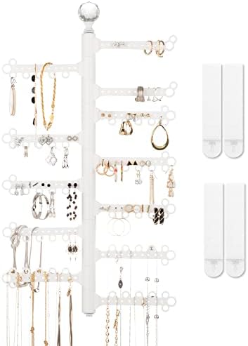 All Hung Up 12-Tier 17" Jewelry Organizer Wall Mounted : 120 Earring Holes : Necklace Holder : Bracelet & Ring Storage : Rotating Branches : Command Strips included for Hanging (White 17")