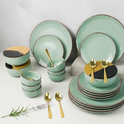 Image of The Earth Store Handcrafted Mint Marble Ceramic Dinner Set with Lids & Spoons, 30 Pieces Serving for 6 | Microwave & Dishwasher Safe | Bone-Ash Free Crockery Set for Dining & Gifting