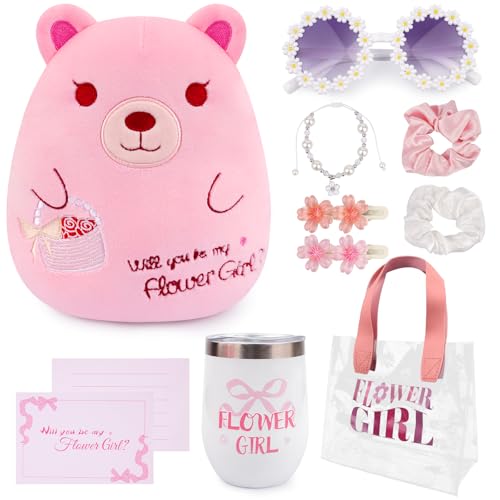 Leokawin 8 Pcs Flower Girl Proposal Gifts Set Will You Be My Flower Girl Gift with Flowers Girls Bear Sunglasses Bracelet Hair Clip Hair Ties Card Water Cup Flowers Girls Bags for Wedding Proposal