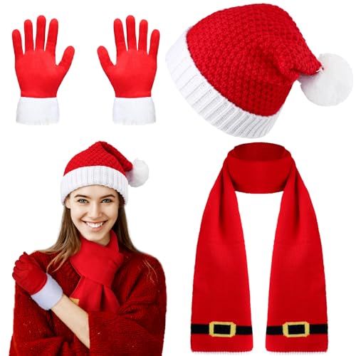 Suhine 3 Pcs Christmas Scarf Hat Gloves Set Winter Knitted Elf Hat Santa Scarf for Party Christmas Party Gifts