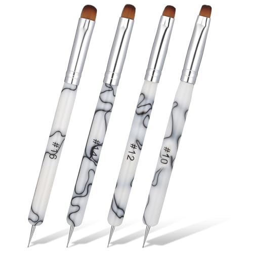 4 Pcs Gel Nail Brush French Acrylic Nail Art Brush with Dotting Tool Extension Gel Brushes Professional Manicure Tool for Nails Detailed Designs DIY Nails Salon (10# 12# 14# 16#, Black and White)