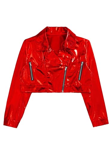 JEATHA Girls Shiny PU Leather Motorcycle Jacket Long Sleeve Zipper Crop Tops Outerwear for Hip-Hop Jazz Dance3