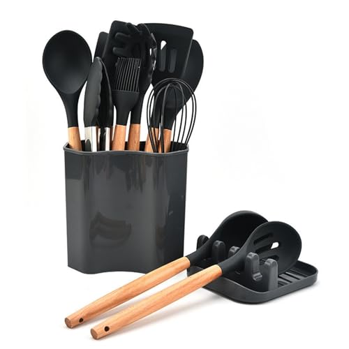 QYEYWJキッチンツール セット 調理器具 製菓器具 台所用品 耐熱シリコン 木製ハンドル 食洗機対応 和洋中料理に適用 抗菌 傷つかない フライ返し おたま 泡立て器 スプーンなど13点セット 収納しやすいもの付き 北ヨーロッパ風 オシャレ配色 お祝い
