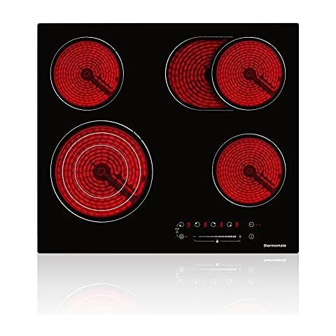 Ceramic Hob, thermomate 60cm Built-in Radiant Electric Cooktop with Stop & Go Function, 6700W Electric Hob with 4 Zones, 9 Heating Level, Timer & Kid Safety Lock, Sensor Touch Control Cover