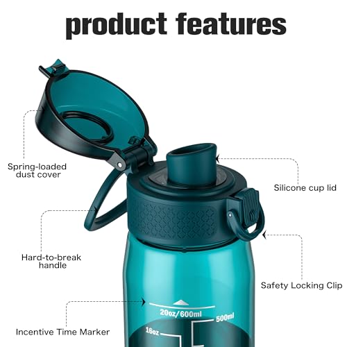 Image of GOPPUS 20oz Kids Water Bottle with Time Marker & Handle, Tritan BPA-Free, Reusable Leakproof Anti-Dust Everyday, Clear Kids Water Bottles For School,Car Travel, Gifts Boys Girls(Dark Green)