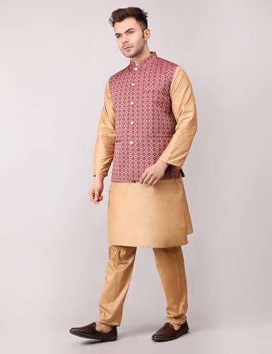 Image of Men's Cotton Silk Blend Regular Kurta Pyjama, Embroidered Nehru Jacket /Waistcoat Set