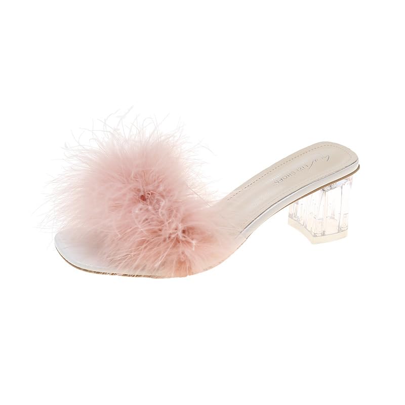 Fairy wind fluffy slippers female summer outer wear 2025 new student thick heel one-word drag crystal high heel cool slippers