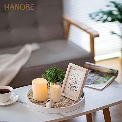 Hanobe Round Wood Decorative Tray: Rustic White Boho Coffee Table Tray Farmhouse Tray Decor Centerpiece Wooden Circle Ottoman Serving Trays for Home Kitchen Counter - Image 2