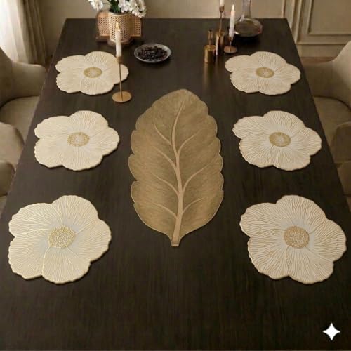 Image of Dakshya Industries Dining Table Mats Round PVC Set | 6 Waterproof Placemats (38 x 38 cm) + 1 Table Runner (91 x 33 cm) | Heat Resistant, Kitchen Decor (Domique)