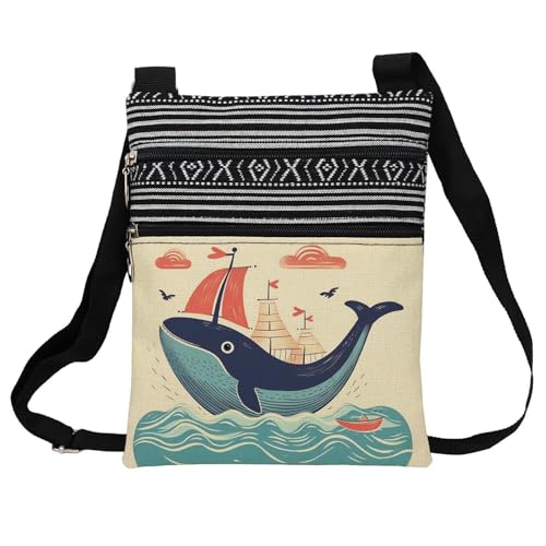 Whale Sailboat Messenger Bag Small Ethnic Pattern Printed Adjustable Strap Crossbody Zipper Bag Whale Sailboat Phone Bag Wallet Cute Shoulder Handbag for Women Friends