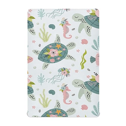 Image of KICPOAY Fitted Crib Sheets Turtle Sea Horse Stretchy Portable Playard Sheets for Baby Toddler, Breathable Soft Mini Crib Mattress 52 x 28 in for Boys and Girls