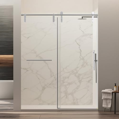 Image of 56-60 inch W x 76 inch H Frameless Single Sliding Shower Door, Bathroom Glass Shower Doors with 5 /16 inch (8mm) SGCC Tempered Glass, Stainless Steel Towel Rail Handle and Heavy Duty Frame, Chrome
