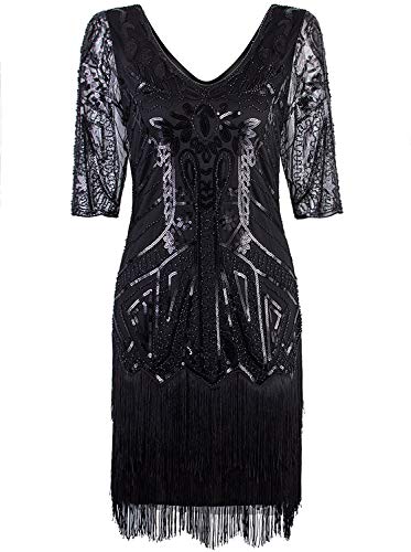 Vijiv Women's 1920s Flapper Dress V Neck Beaded Art Deco Tassel Cocktail Dresses with Sleeves3