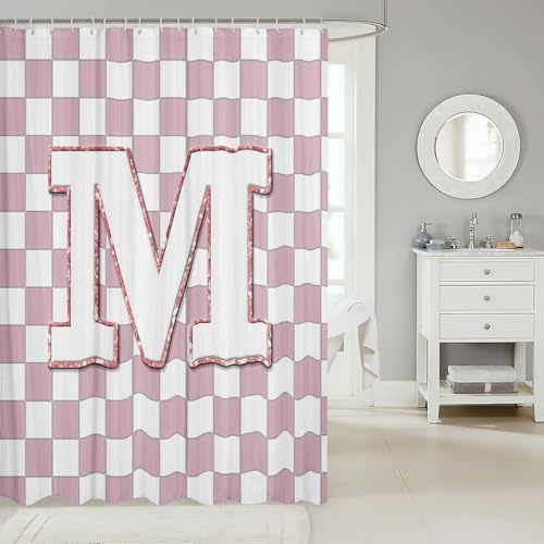 Image of Erosebridal Pink Initial M Bathroom Curtain Kawaii Plaid Checkered Shower Curtain 72 inch Wx78 L Cute Personalized Monogram Bathroom Accessories for Kids Girls,Fashion Grids Gingham Shower Decor