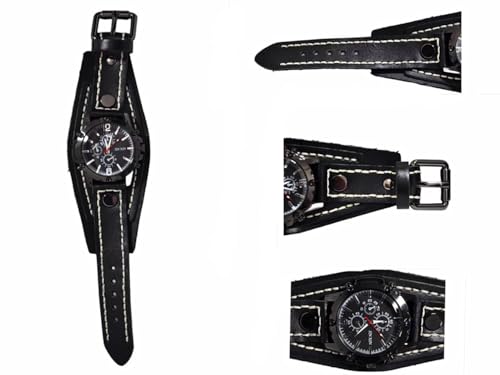 MINILUJIA Handmade Men Watches Vintage Punk Hip-hop Gothic Wide PU Leather Fashion Cuff Round Dial Quartz Wristwatch Big Dial Black Brown