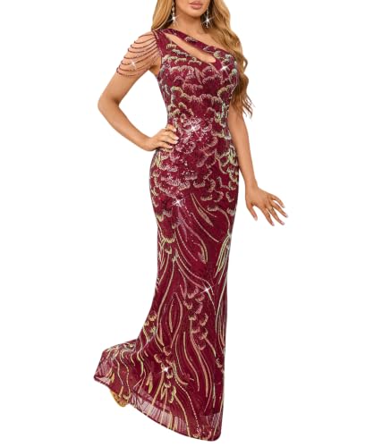 Image of Cololura Women Sequin Elegant Sexy One Shoulder Tassel Mermaid Bodycon Cocktail Evening Dress