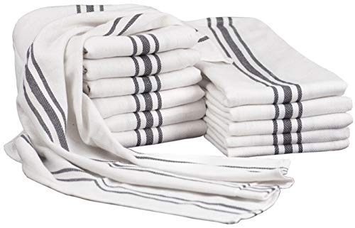 GLAMBURG Kitchen Towel Set 100 Cotton with Hanging Loop - Large 18x28 Dish Towels Absorbent Durable Washable 12-Pack White with Charcoal Grey Stripes