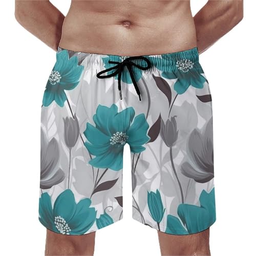 Teal Grey and White Floral Mens Swim Trunks Quick Dry Hawaii Bathing Suit Board Shorts with Mesh Lining-