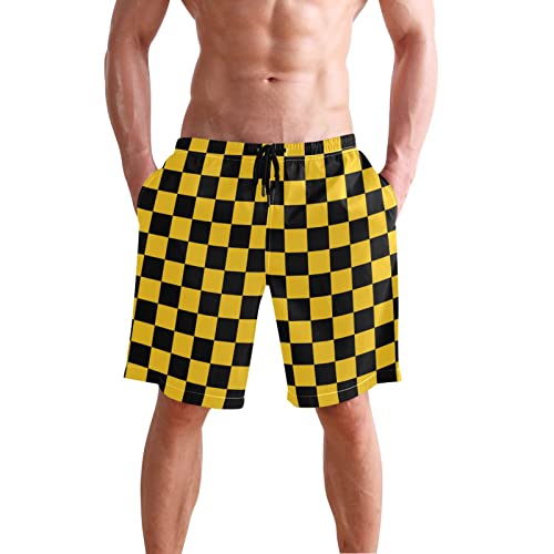 Checkerboard Plaid Mens Swim Trunks Quick Dry Board Shorts Mesh Lining Swimwear Bathing Suits with Pockets S