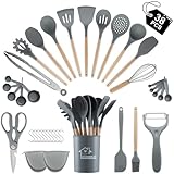 38 Pieces Kitchen Utensils Set, BEWOS Silicone Cooking Utensils Set with Spatula, Utensil Holder and Measuring Spoons, Nonstick Heat Resistant, Grey Kitchen Gadgets, Wooden Handle