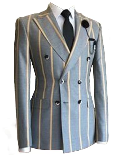 Men's Stripe Double Breasted Buttons Blazer Peak Lapel Business Casual Coat