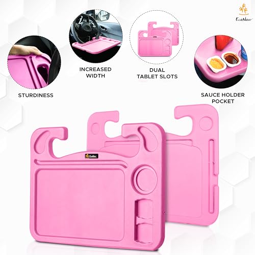 Image of EcoNour 4 in 1 Car Steering Wheel Tray - 2024 Upgraded Pink Tray with Dual Sauce Dip Holder and Tablet Holder | Spacious Steering Wheel Desk for Food and Laptop | Car Accessories (Large)