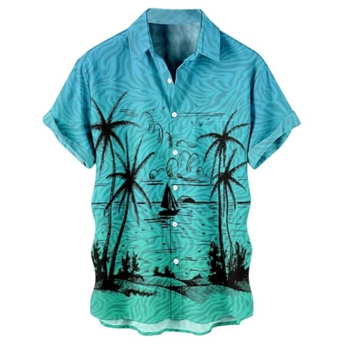 Camisa de manga corta para hombre con silueta de palma - Camisa hawaiana informal con estampado tropical | Camisa azul de vacaciones para un look relajado de verano, Style_d01 Verde azulado, L