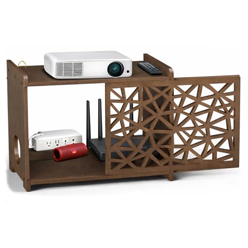 Xilwefap Upgrade Pine Wooden Router Box Hider Large Capacity Projector Shelf Wall Mountable Router Storage Box with Cable Management Modem & Power Strip Organizer Assembly Required