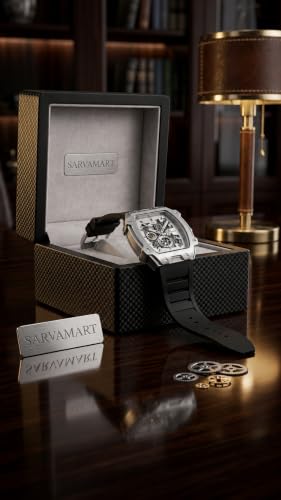 Image of Tonneau Skeleton Automatic Watch for Men - Stainless Steel Case, Mechanical Dial & Premium Black Silicon Strap
