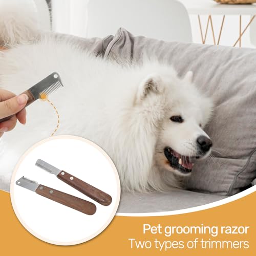 Trimmmesser Set für Hunde & Katzen – 2-teiliges Fellpflege Werkzeug mit Feiner & Grober Zahnung – Entfernt Unterwolle effektiv – Für Langhaar & Kurzhaar – Mit ergonomischem Holzgriff