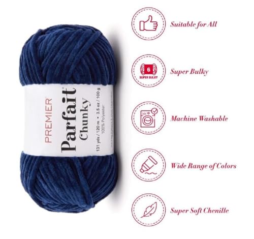 Image of Premier Yarns Parfait Chunky Chenille Yarn 3.5 Oz Super Bulky Weight 3 Pack Bundle with Bella's Stitch Place Holders (Navy)