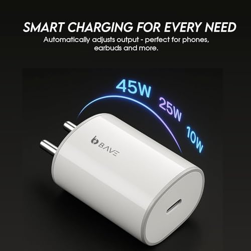 Image of BAVE 45W PPS PD 3.0 Fast Charger with Type-C to Type-C Cable | Compatible with Nothing Phone 3a, 3a Pro, 2a, 2, 1 & CMF Phone 1 | USB-C Power Adapter with Power Delivery Support | White
