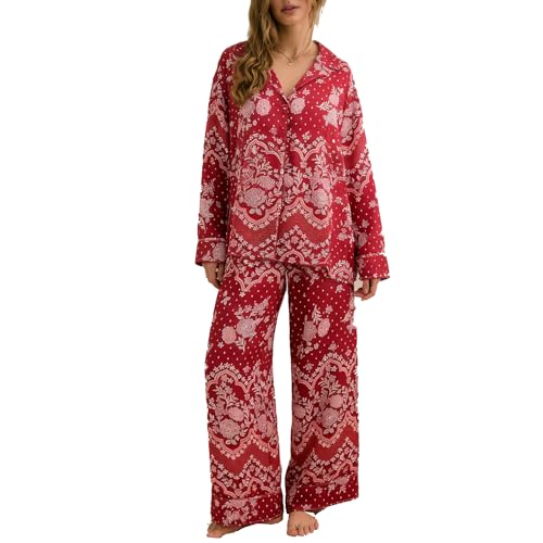 Image of Women Satin Pajama Set Floral Silk Pajamas 2 Piece Lounge Sets Button Down Shirts Wide Leg Pants Pjs Sleepwear