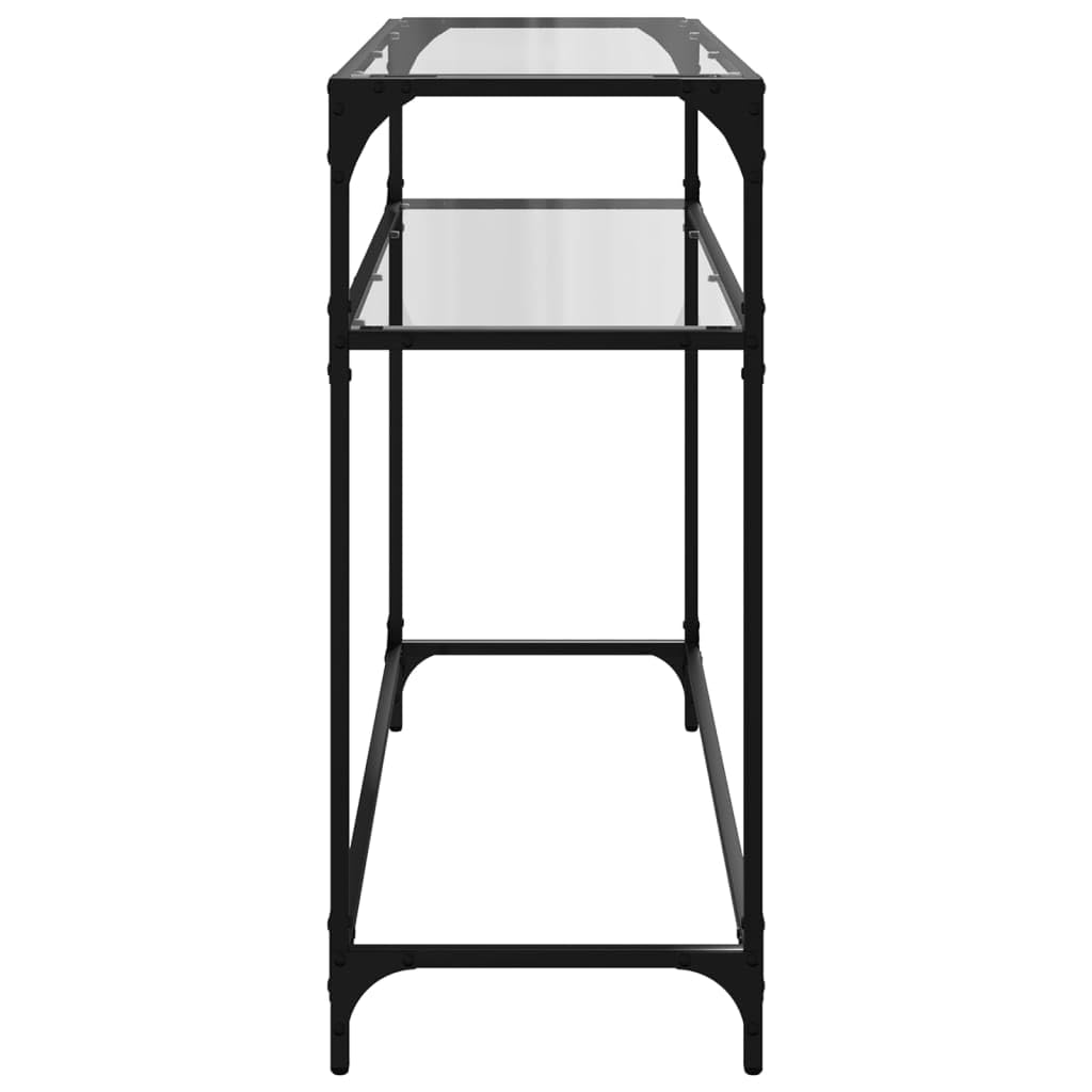 Stolik konsolowy ze szklanym blatem, 98 x 35 x 81 cm, ze stali, wąski, designerski stół ścienny do korytarza, salonu z miejscem do przechowywania i półkami