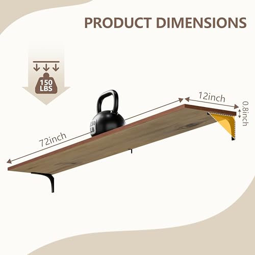 Image of 12 Inch Deep Floating Shelves Set of 2, 72 Inch Extra Wide Brown Solid Wood Wall Shelves, 6ft Heavy Duty Farmhouse Wall Mounted Shelving for Kitchen, Living Room & Bedroom