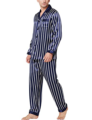 Image of Lonxu Pajamas Set Mens Silk Satin Pajamas Long Sleeve Loungewear Two-Piece Sleepwear Button-Down Pj Set S-XXXXL