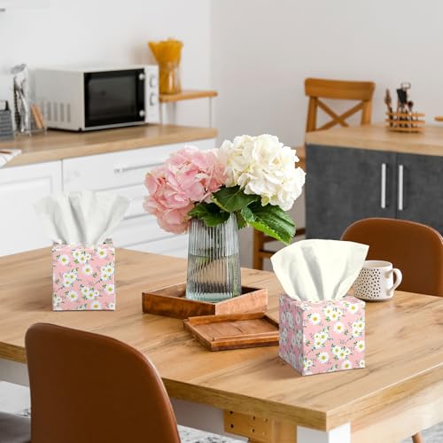 Image of Fourluoo 12 Pack Daisies Floral Facial Tissues Cube Boxes 600 Sheets 3 Ply | Summer Pink Daisy Floral Pattern Face Tissue Bulk for Car Bedroom Office Supplies, Disposable Tissue Cube Box